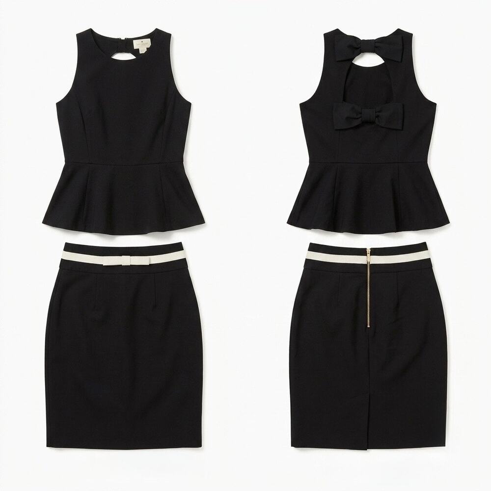 Kate Spade 2 Pc Set Peplum Bow Back Top Ivory Trim Pencil Skirt Size 2 Black